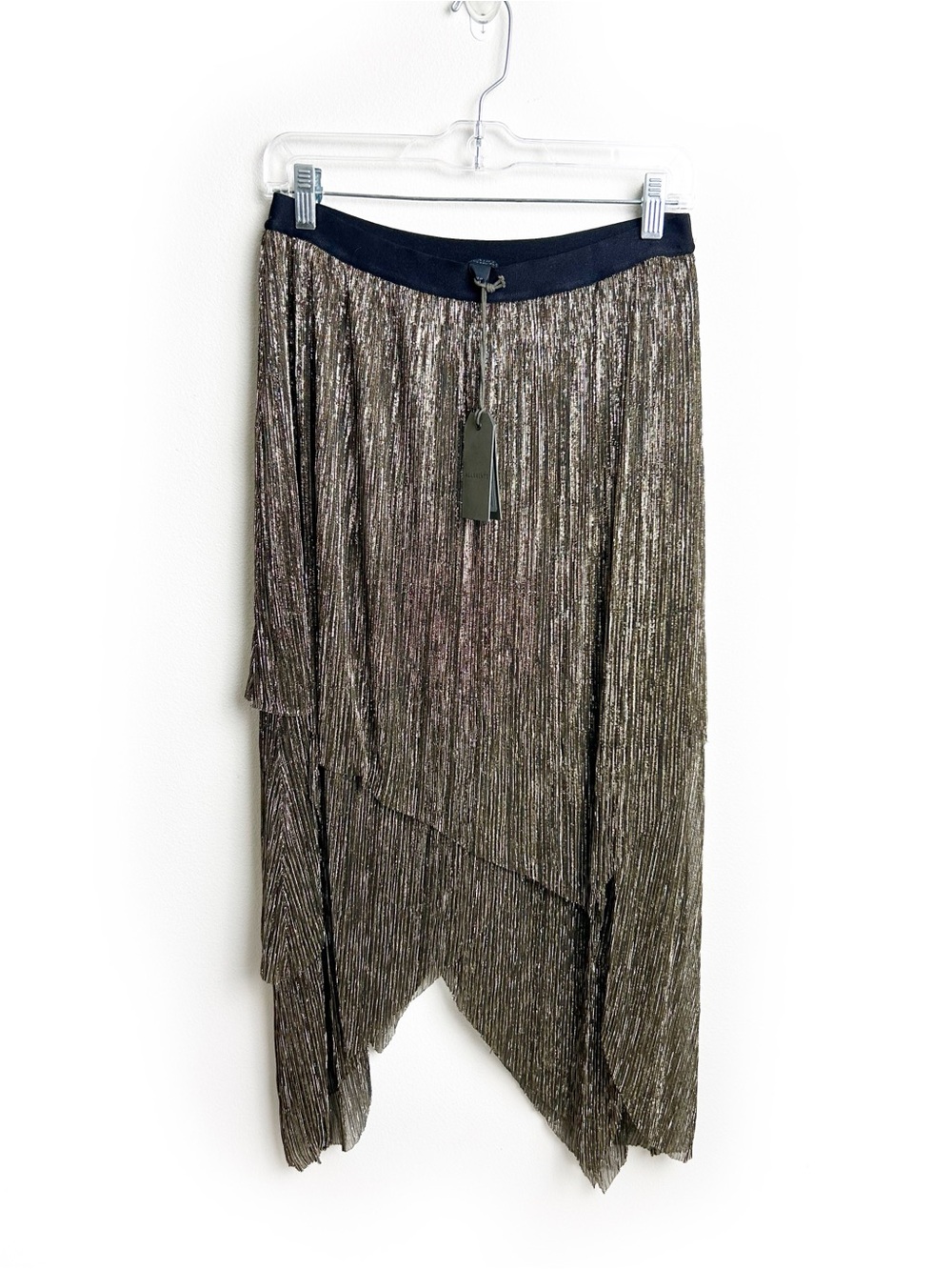 AllSaints NWT Veena Skirt Black Gold Metallic Asymmetric Midi Skirt Sz 8 - Picture 2 of 10